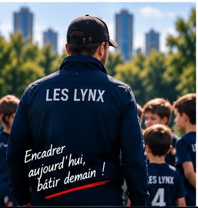 Un entraîneur Les Lynx accompagne un groupe d’enfants sur le terrain.
